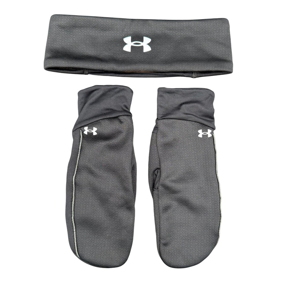 Under Armour Headband & Mitten Glove Set Women's‎ L/XL Black/Reflective Silver